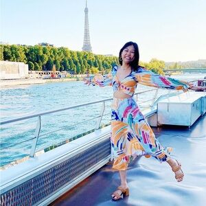 Abstract Colorful Puffy Sleeve Front Cut Out Midi Dress